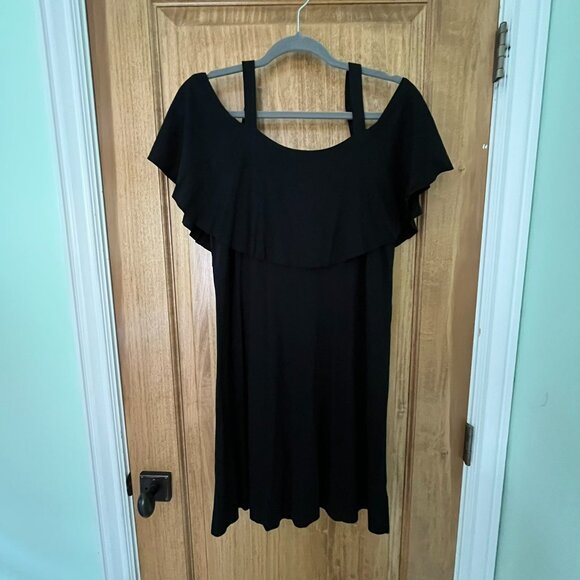 Anthropologie | Maeve Cold Shoulder Black Flounce Dress | Size Medium - Picture 4 of 9